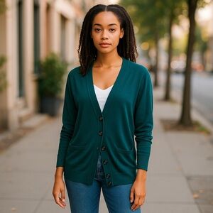 Banana Republic Women's Medium Fine Merino Wool V-Neck Cardigan Dark Teal Color